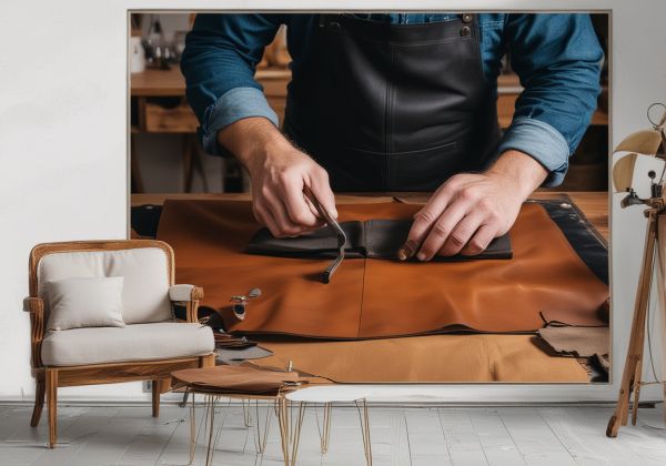 Professional leather worker crafting leather repair in modern workshop with tools and materials