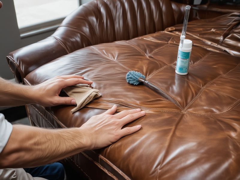 Professional leather cleaning process showing specialized cleaning products and techniques