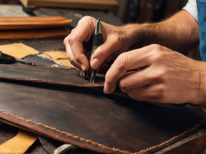 Skilled leather repair craftsman working on detailed leather restoration using professional tools