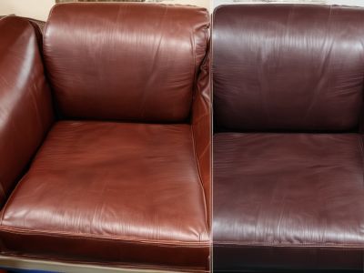 Leather furniture repair showing expert patch work on sofa with seamless results