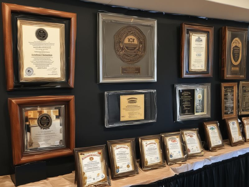 Awards and certificates display showcasing professional leather care certifications and industry recognition