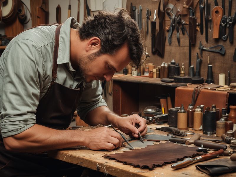 Professional leather repair workshop with artisan working on leather items using specialized tools