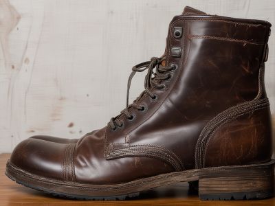 Worn leather boots with scuffs and scratches